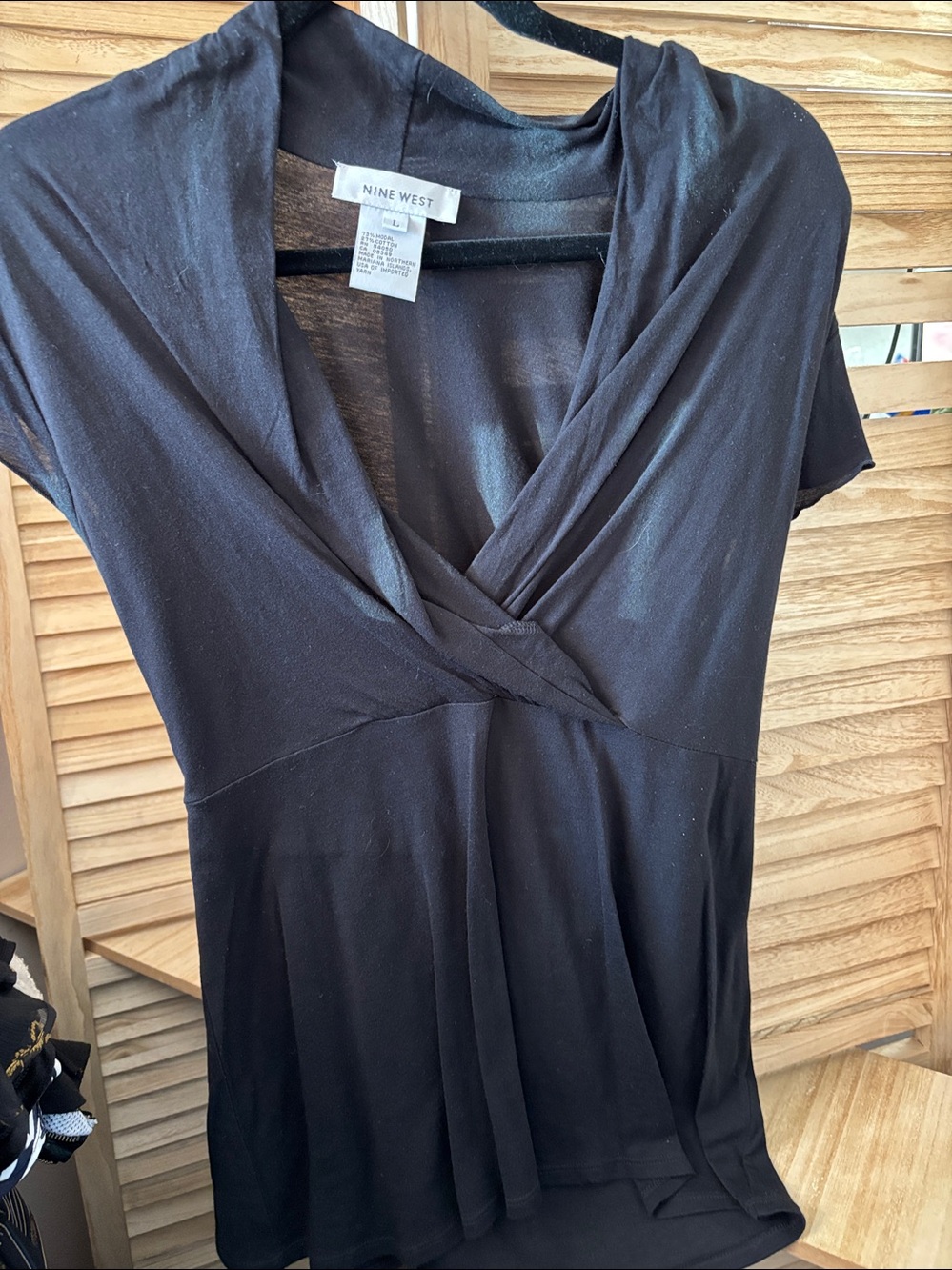 Nine West Black Surplice V-Neck Tie Back Top Large